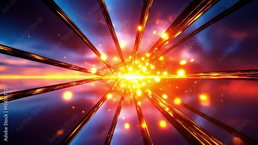 Poster a vibrant abstract design featuring dynamic lines and bursts of light, creating a sense of depth and