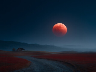 Red moon in sky.