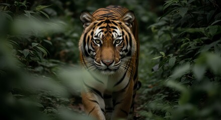 Fototapeta premium Orange Striped Tiger Walking in Dense Green Jungle Foliage