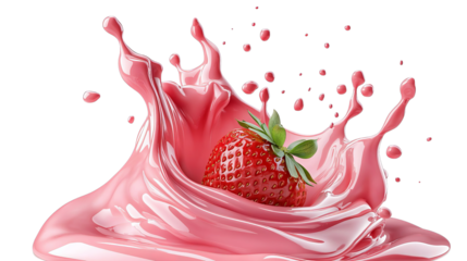 transparent png, A vibrant strawberry splashes into a pool of pink liquid, creating dynamic droplets in mid-air, embodying freshness and vitality in a visually striking display.