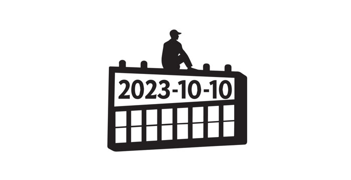 Man sitting on top of a calendar marking the date october tenth 2023 silhouette