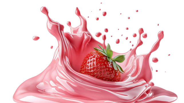 transparent png, A vibrant strawberry splashes into a pool of pink liquid, creating dynamic droplets in mid-air, embodying freshness and vitality in a visually striking display.