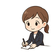会議でうなずきながらメモを取る女性新入社員のミニキャライラスト