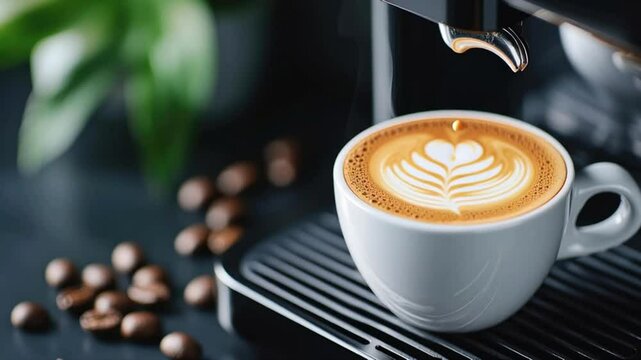Freshly brewed coffee with latte art in a cozy setting