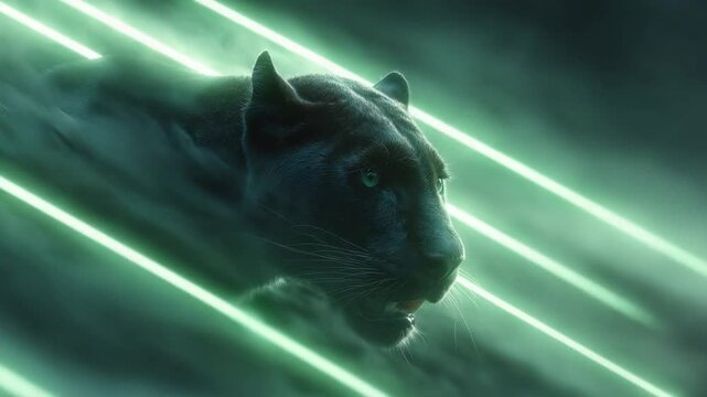 Black Panther with green light effect in the background, speed panther animal