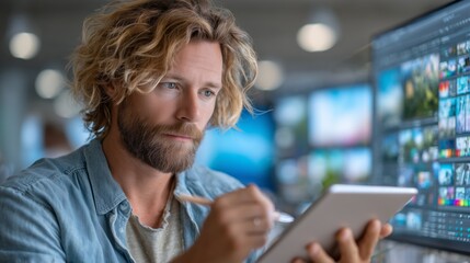 Creative designer sketching ideas on tablet in modern office environment digital art focused perspective