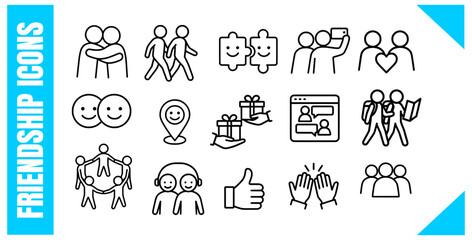 Friendship Line Icons Set Happy People, Hugs, Gifts, and Social Connection Vectors