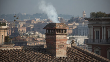 Chimney smoking on rooftop with historic urban cityscape in background, focus on brick detail, smoke rising into autumn sky