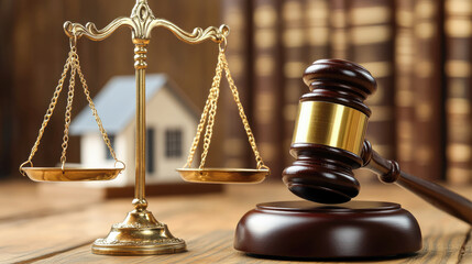 Golden scale of justice, wooden gavel and a house model on the dark background. lawyer services, division of property, mortgage, real estate auction. legal consultation, property sale, property low