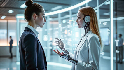 A humanoid robot and a businesswoman in a modern office discuss digital strategy, symbolizing future AI-human collaboration in tech and corporate settings.