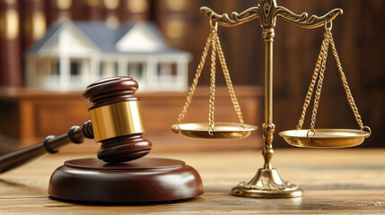 Golden scale of justice, wooden gavel and a house model on the dark background. lawyer services, division of property, mortgage, real estate auction. legal consultation, property sale, property low