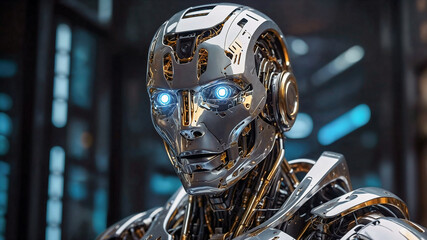 A stunning humanoid robot with sleek metallic design and visible circuitry beneath translucent casing, glowing with LED light — a masterpiece of futuristic elegance and digital artistry