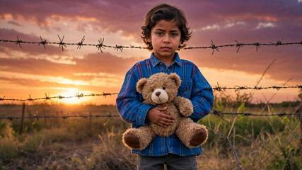 A child holds a teddy bear near a border fence, symbolizing innocence amid crisis. A moving portrait of migration, displacement, and the unseen toll on young lives