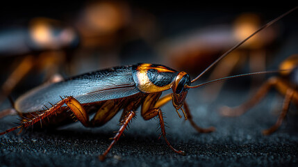 Close-up of a cockroach on dark surface with detailed reflection and textured background