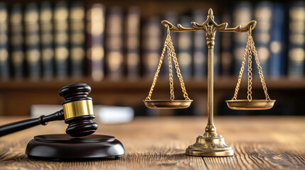 Golden scale of justice and wooden gavel on dark background. new bill, new law. lawyer services, Judicial system and legal practice, real estate auction. legal consultation, property sale property low