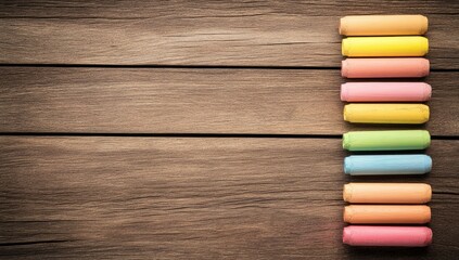 Colorful chalks arranged vertically on a rustic wooden surface