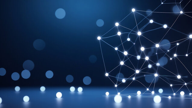 Abstract glowing network of connected nodes and lines on a dark blue background - Powered by Adobe