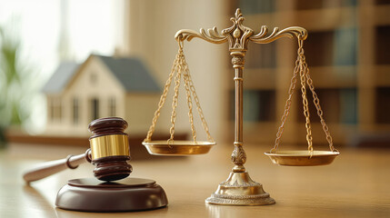Golden scale of justice, wooden gavel and a house model on the dark background. lawyer services, division of property, mortgage, real estate auction. legal consultation, property sale, property low