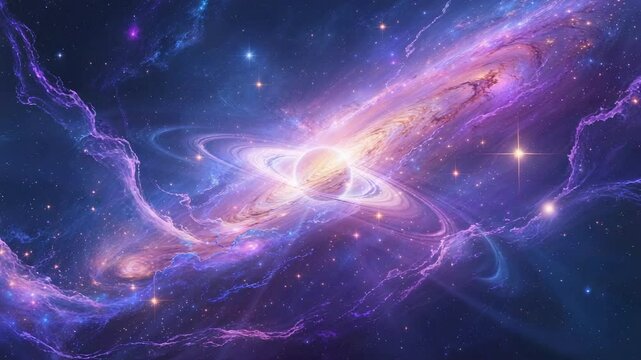 Displaying ringed planet glowing with equatorial light in space, with nebula and plasma filaments