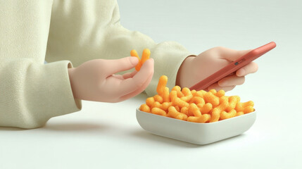 Lifestyle with ultra-processed food. Person holding smartphone while eating cheese puffs from bowl, wearing cozy sweater