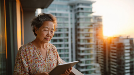 Elderly woman stands on balcony at sunset, reading tablet with skyscrapers in background