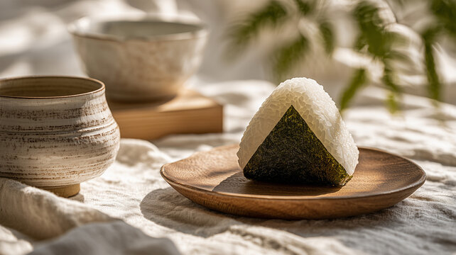 小さなおにぎりが木皿に並ぶ朝の食卓　穏やかな光の