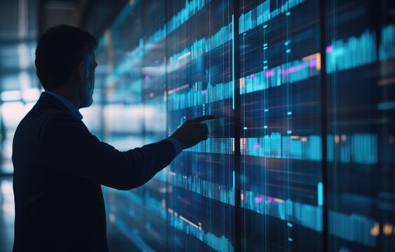 Businessman interacts with a large interactive digital display wall