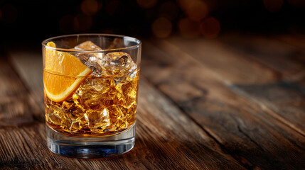 Tumbler filled with smooth golden Scotch whisky, ice cubes cracking softly as they chill the spirit, orange slice adds citrus contrast, set on a richly grained oak tabletop