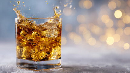 Close-up of golden whiskey erupting from glass with ice tumbling out, liquid trails and water drops arcing gracefully in bright minimalist scene, clean white space emphasizing dram