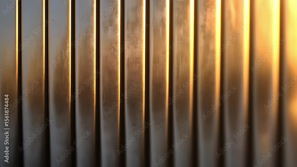 Poster a close-up of vertical metal or textured panels with warm light creating a reflective, shimmering ef