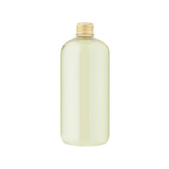 Plastic bottle containing a pale green liquid oil with a shiny gold lid, mockup isolated. Template suitable for organic beauty products, hydration solutions, or premium wellness cosmetic, branding.
