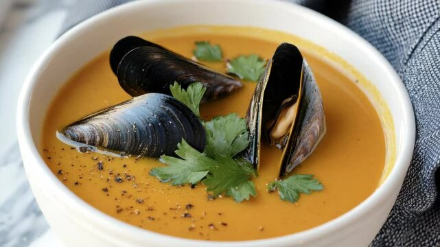 Creamy shellfish soup with garlic and pepper. Nutritious meal that's both savory and comforting.