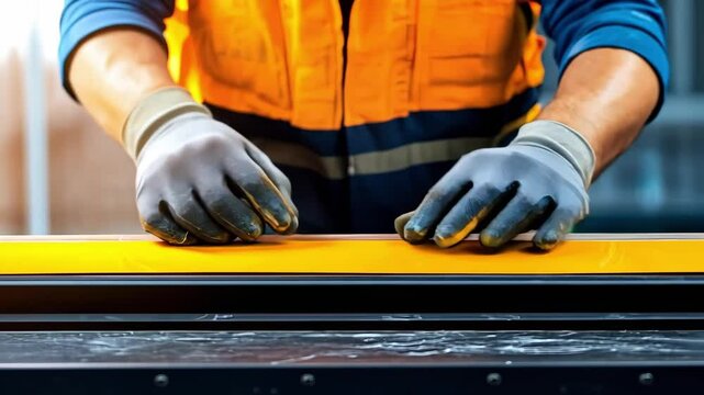 A worker in gloves is handling a bright yellow object or surface, likely involved in a construction or manufacturing task.