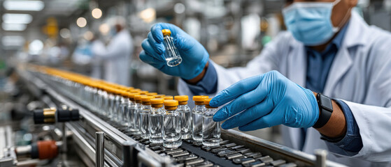 Scientists in laboratory ensuring quality control of pharmaceutical vials on conveyor belt, panoramic view
