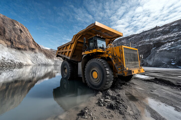 Massive yellow mining dump truck in a rocky quarry with cloudy sky reflecting in water