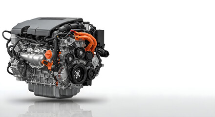 Hybrid engine with electric and gas parts on glossy white background.