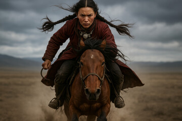 A fierce nomadic woman with braids rides a horse at full speed across the steppe. An epic, cinematic scene of a powerful female warrior.