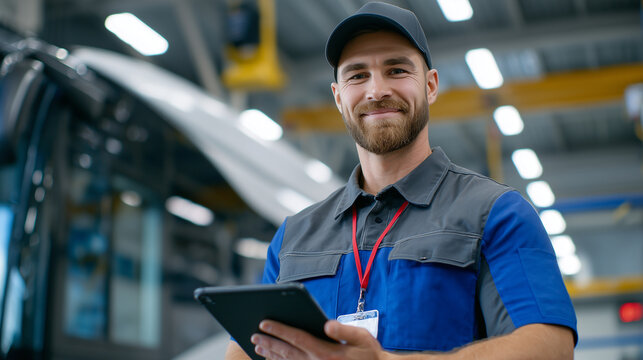 Confident mechanic serviceman leans against a parked bus inside a high-ceiling garage, reviewing systems on a tablet, clean workshop interior with wall-mounted tools and hydraulic