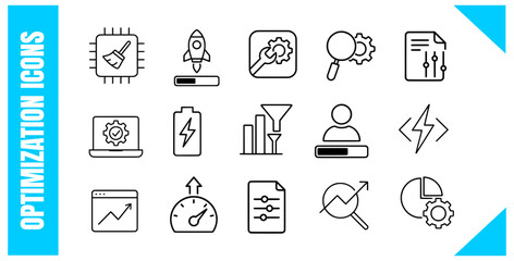 Optimization Line Icons Set Performance, Speed, Settings, and Data Vector icons