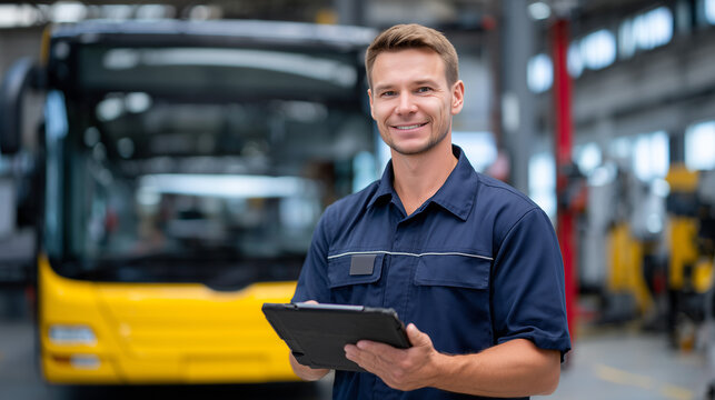 Professional bus mechanic in work gear stands beside a transit vehicle in a large service garage, reviewing repair schedules and performance data on a touchscreen tablet, surrounde