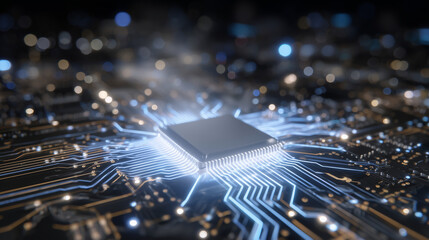 Shining lithium battery at the heart of a printed circuit board, radiant energy lines glowing across the boardâs surface like veins, evoking themes of smart technology and electric