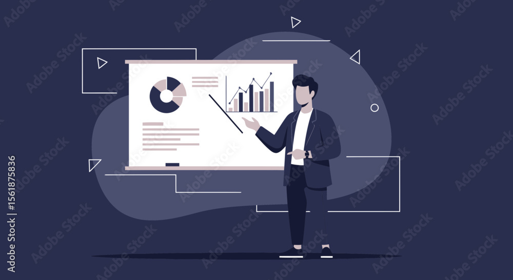 Poster man explaining business data on presentation board showing graph and chart