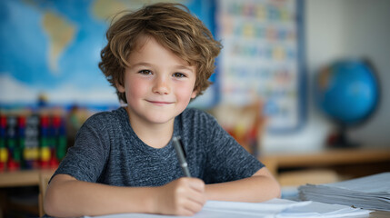 Focused child with a slight smile writing in notebook, seated in tidy school desk, background shows colorful alphabet charts and educational toys, highlighting early childhood deve