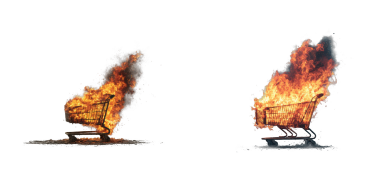 Flaming shopping carts dramatic fire incident in urban environment illustrative bold perspective cut out set png