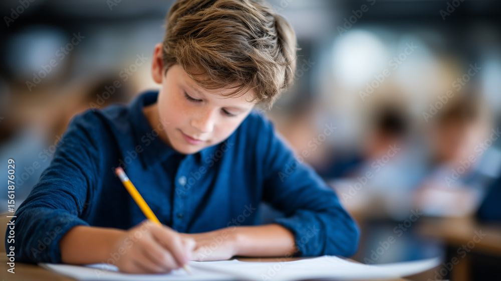 Poster close-up of pencil tip moving swiftly across notebook paper as boy writes, school environment softly