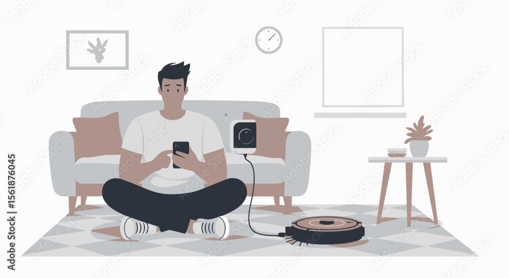 Poster man relaxing at home while robot vacuum cleaner works automatically