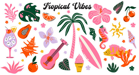 Tropical aesthetic, summer sea vacation vibes, holiday themed vector sticker elements set. Collection of cute groovy funky cartoon illustration of beach objects, palm tree, exotic flowers, plants