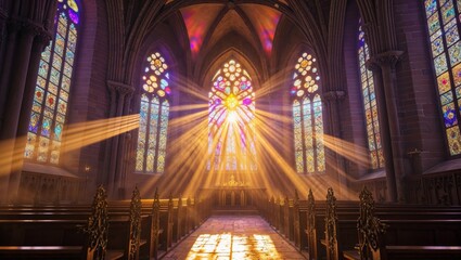 Inside a cathedral, sunlight streams through stained glass, creating a divine ambiance.
