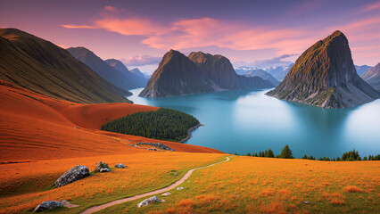 Evening scenery, brown grassland and river, with high mountains and sky in the background.AI generated.