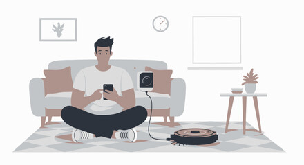 Fototapeta premium Man Relaxing At Home While Robot Vacuum Cleaner Works Automatically
